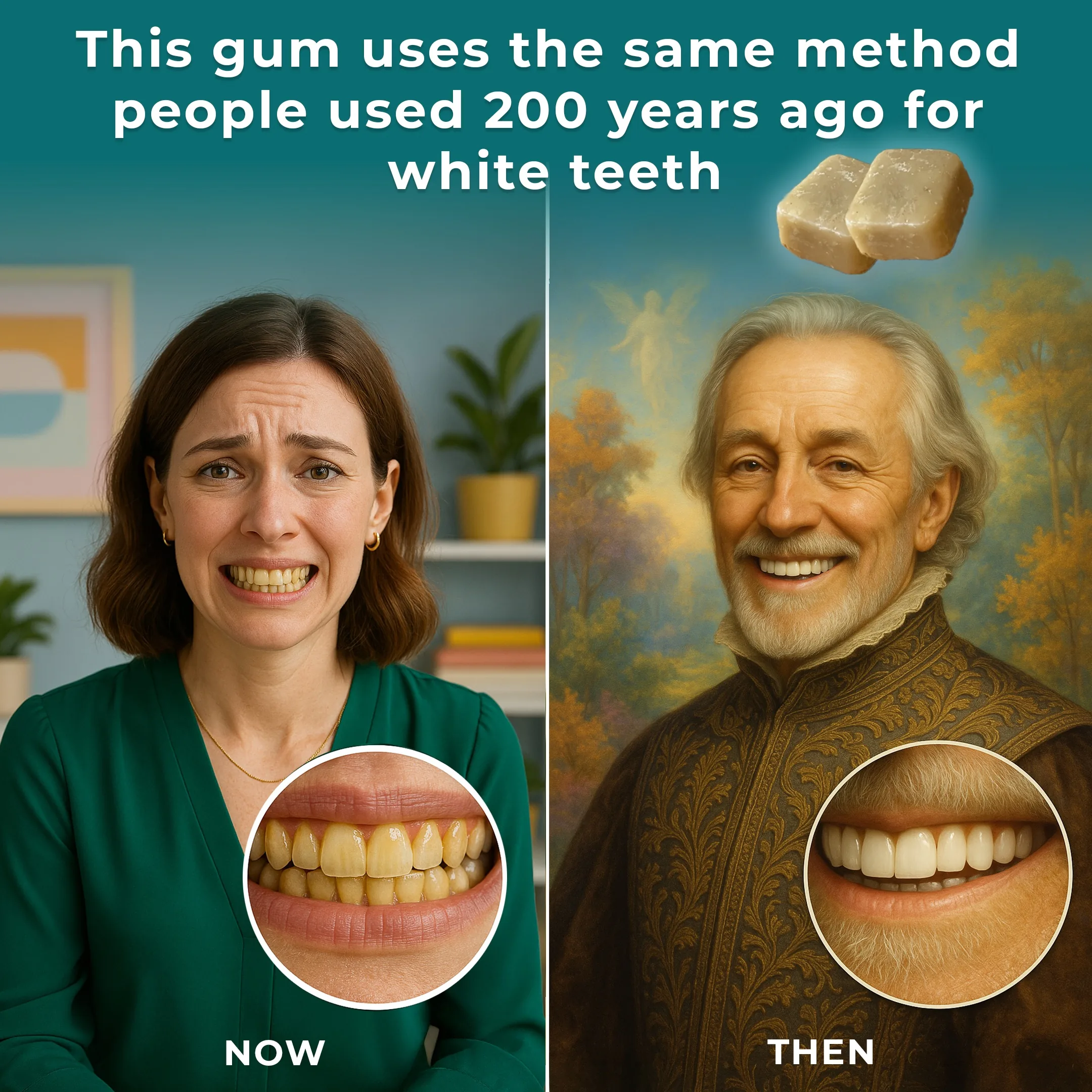 KLYRO ad comparing modern teeth to a historical figure.